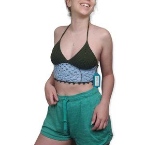 Crochet Crop Top HANDMADE sz XS-M Green Blue Granny Square Bralette Corset Back